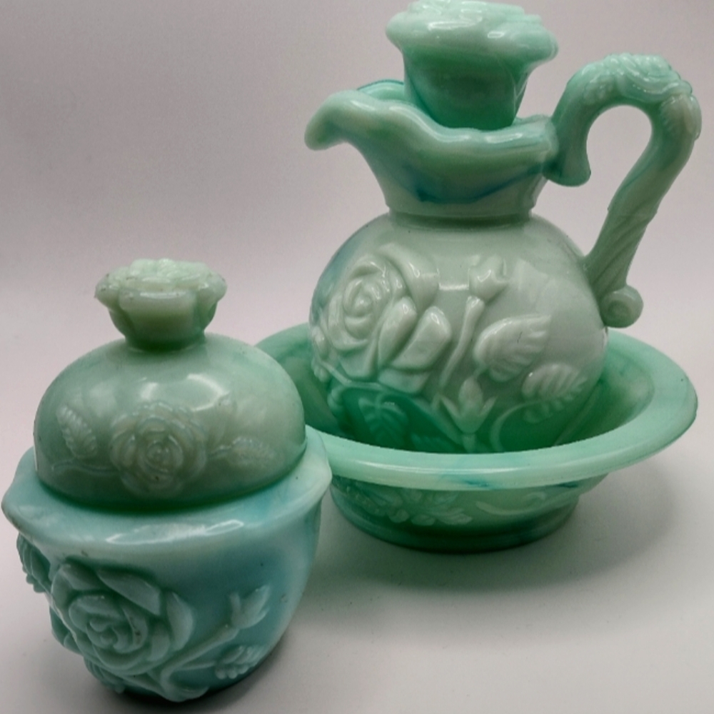 Vintage 80s Avon Vanity Pieces in Aqua Slag Glass, Victoriana